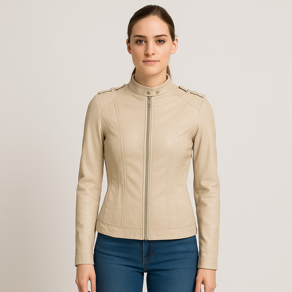 Beige Fitted Leather Jacket