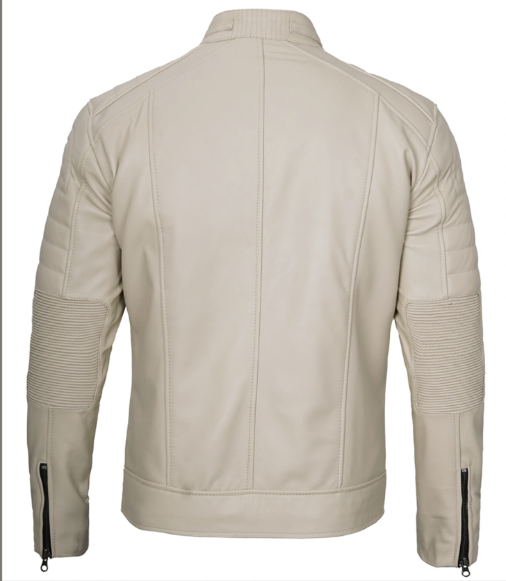 Men's Beige Biker Jacket in Genuine Lambskin Leather
