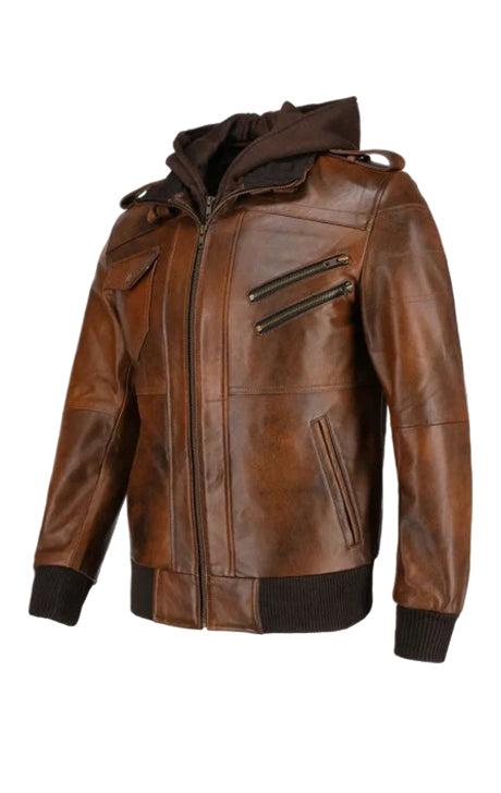 Men’s Hooded Brown Biker Leather Jacket 