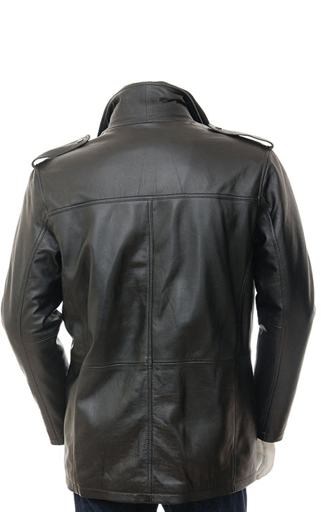 Men’s High-Neck Black Leather Peacoat Jacket