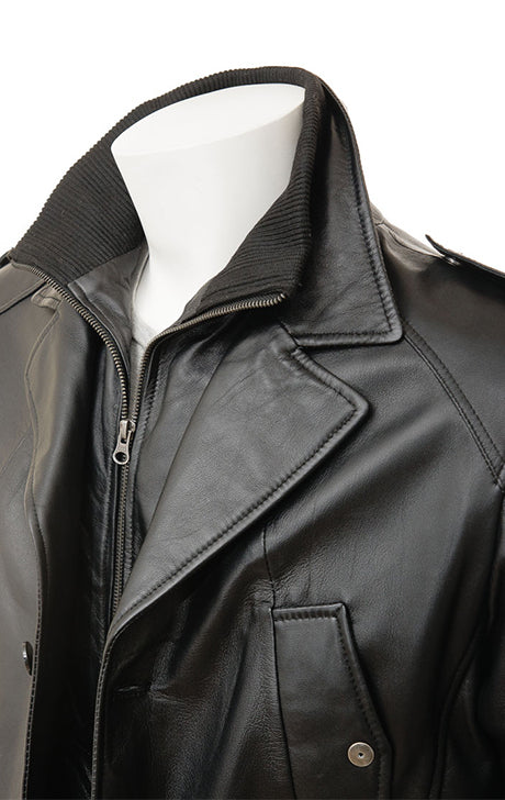 Men’s High-Neck Black Leather Peacoat Jacket