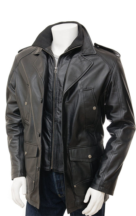 Men’s High-Neck Black Leather Peacoat Jacket