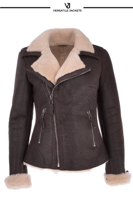 Alayna Women's Luxury Shearling Jacket – Brown & Cream