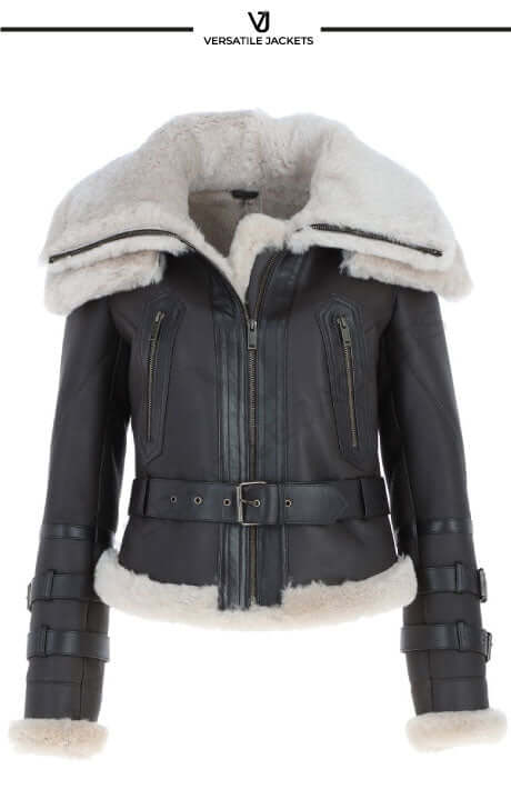 Women's Brown and Cream Aviator Shearling Leather Jacket