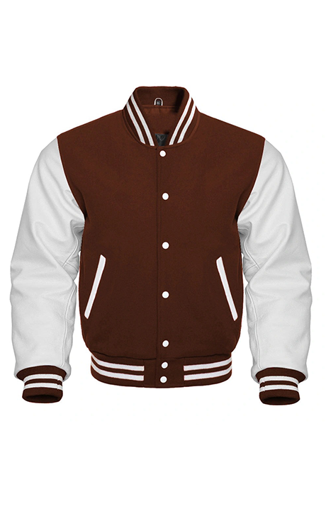 Brown & White Varsity Jacket – Wool Body with Leather Sleeves