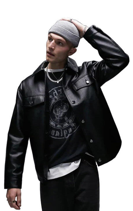 Faux Leather Shirt Jacket