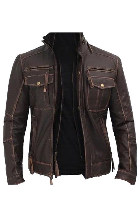 Brown Distressed Leather Biker Jacket