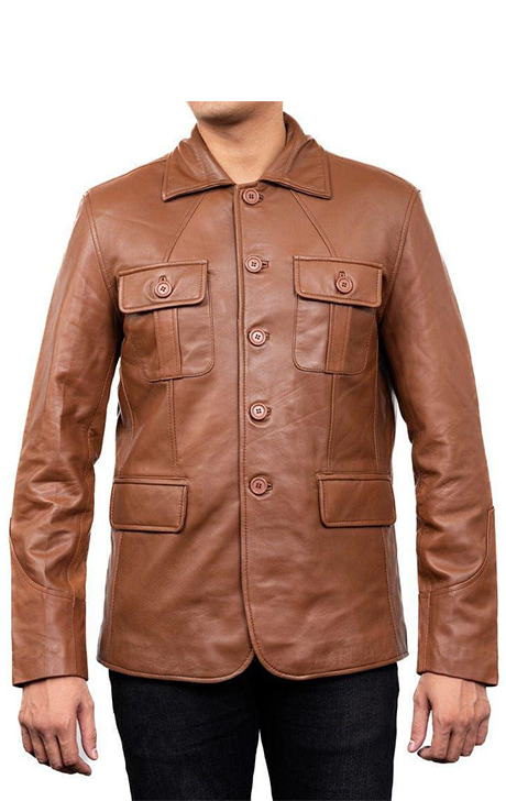 Cognac Lambskin Leather Blazer