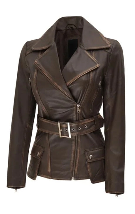 Distressed Brown Belted Leather Jacket