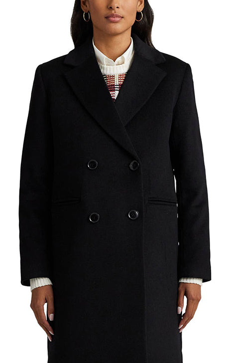 Women’s Black Double-Breasted Wool Blend Overcoat – Elegant Long Winter Coat