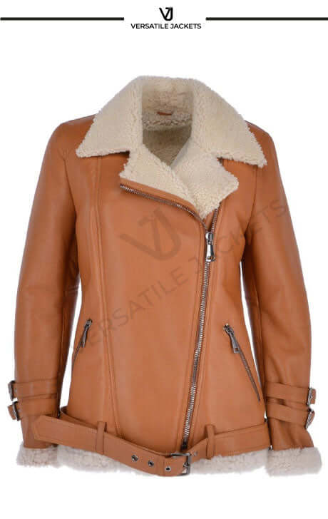 Womens Luxury Side Zip Sheepskin Pilot Jacket Tan : Caitlin