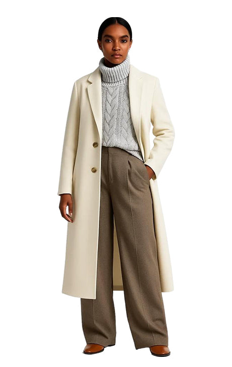 Women’s Elegant Long Cream Wool Overcoat – Classic Winter Style