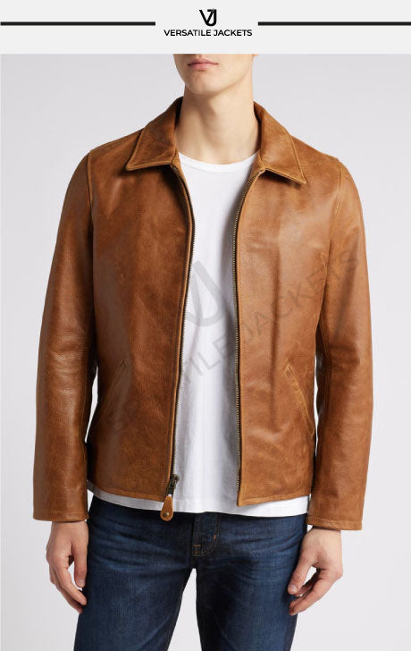 Men's Buffalo Leather Delivery Jacket in Brown Waxy Finish