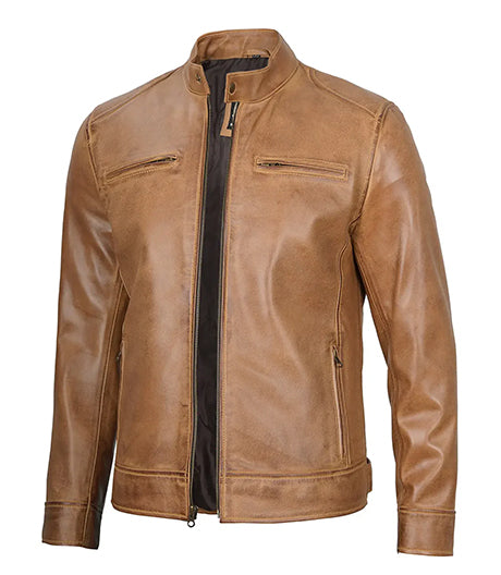 Camel Brown Men's Leather Cafe Racer Jacket 