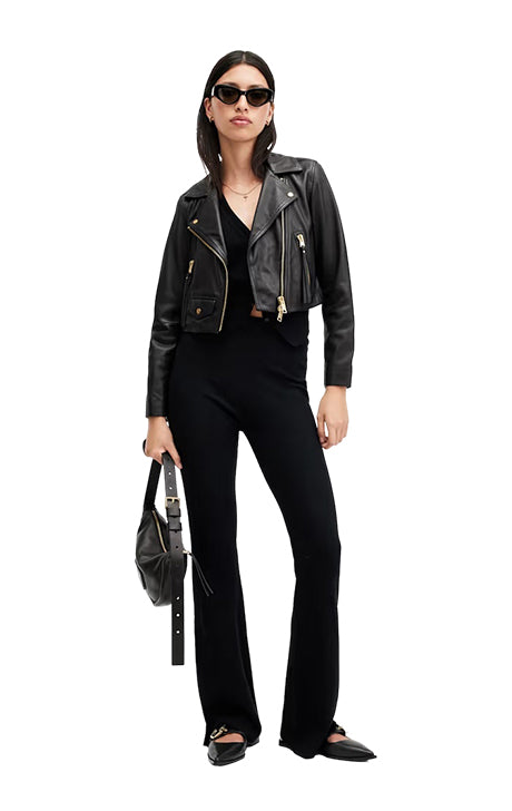 Elora Cropped Moto Jacket in Black Leather - BY