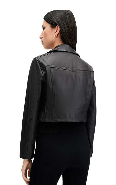 Elora Cropped Moto Jacket in Black Leather - BY