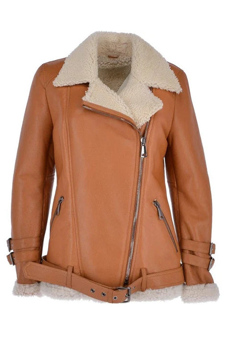 Womens Luxury Side Zip Sheepskin Pilot Jacket Tan : Caitlin