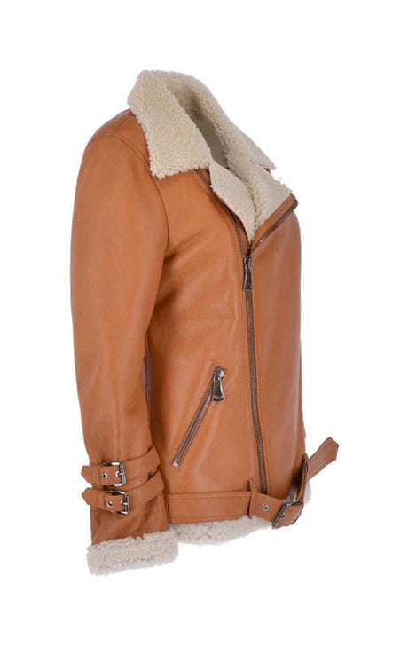 Womens Luxury Side Zip Sheepskin Pilot Jacket Tan 