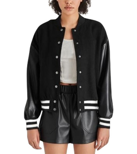 Faux Leather Sleeve Varsity Jacket - Versatile Jackets