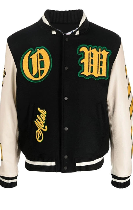 Stretch Wool Blend & Leather Varsity Jacket - Black / Yellow