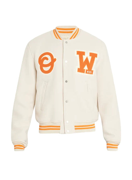 OW Patch Varsity Bomber Jacket - Beige/ Orange