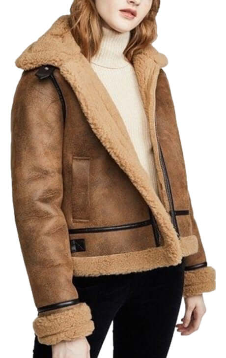 Brown Shearling Bomber Leather Jacket 
