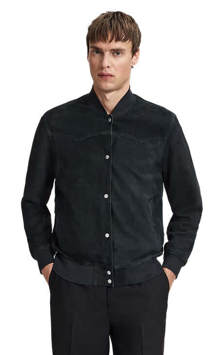 Classic Black Suede Snap-Button Bomber Jacket 