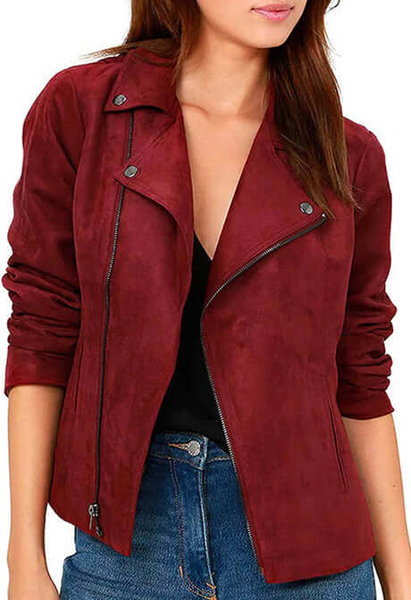 Womens Maroon Moto Suede Jacket