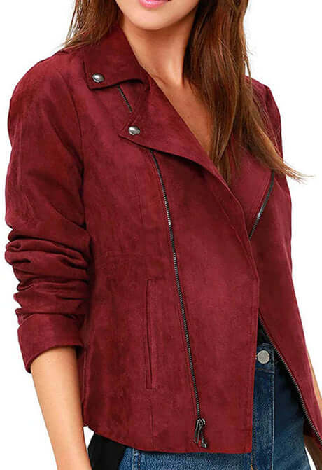 Womens Maroon Moto Suede Jacket