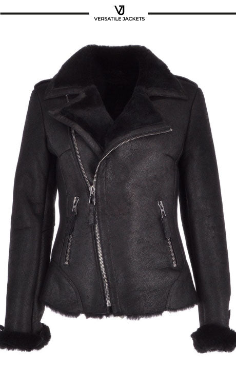 Alayna Women's Luxury Shearling Jacket – Black