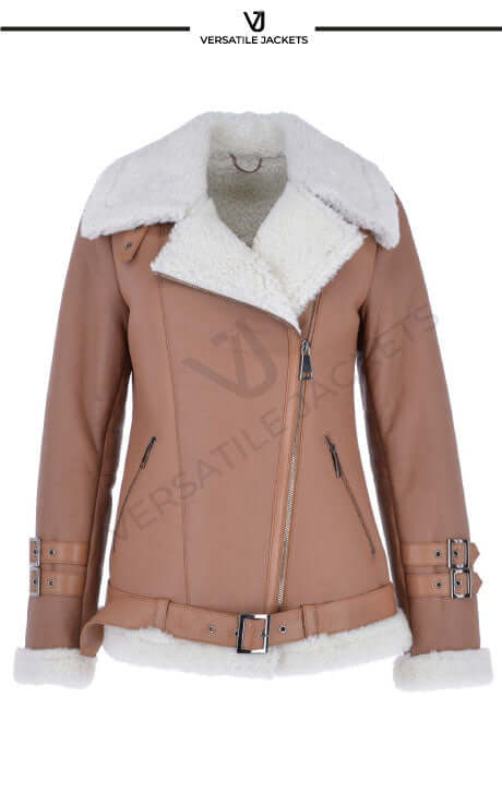 Light Tan Luxury Sheepskin Pilot Jacket with Side Zip – Caitlin