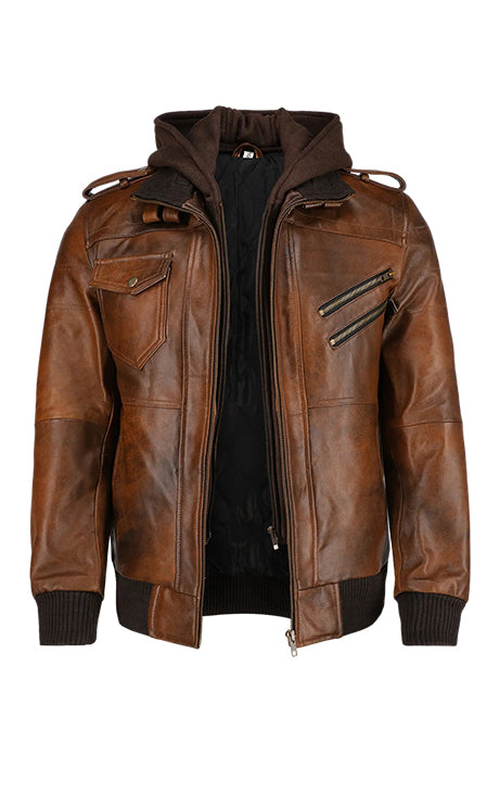 Men’s Hooded Brown Biker Leather Jacket