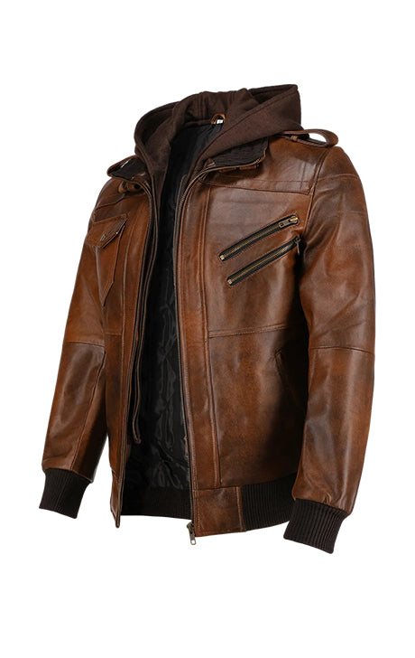 Men’s Hooded Brown Biker Leather Jacket