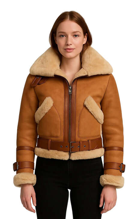 Womens Vintage Cognac Cropped Shearling Lambskin Jacket