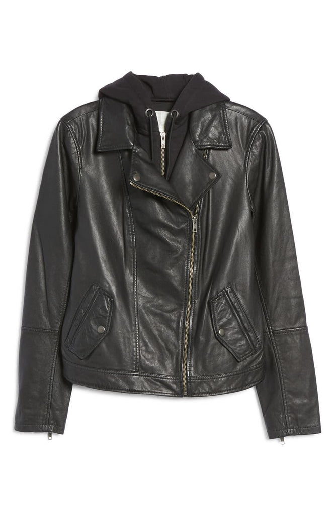 Leather Moto Jacket with Removable Hood