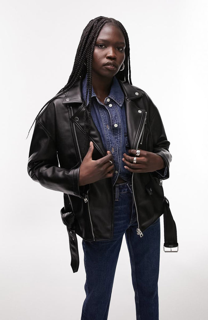 Oversize Faux Leather Biker Jacket - Versatile Jackets