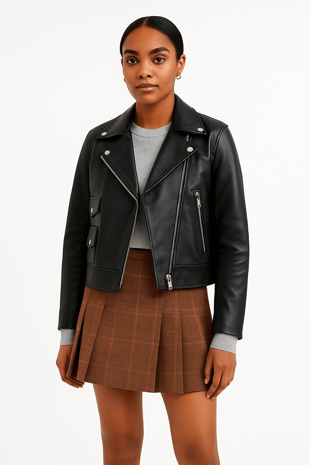 Cropped Black Leather Moto Jacket