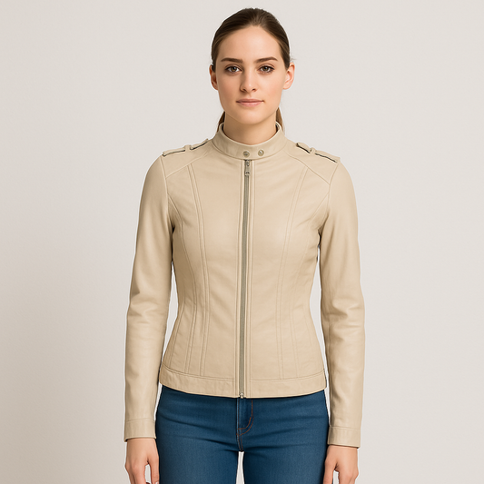 Beige Fitted Leather Jacket