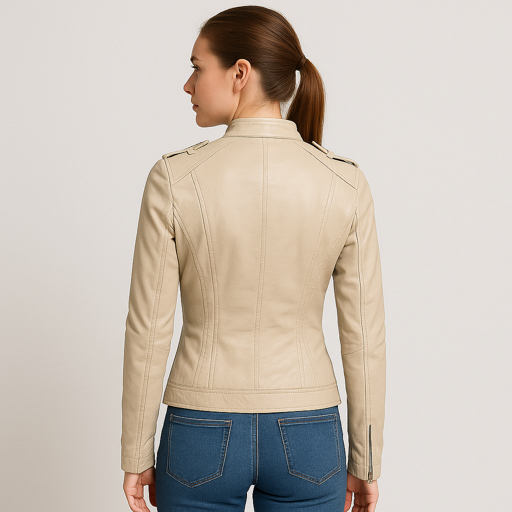 Beige Fitted Leather Jacket