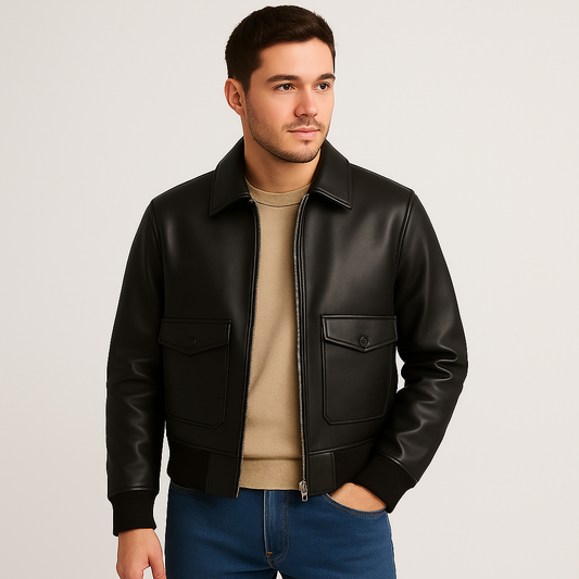 Leather Bomber Jacket with Flap Pockets