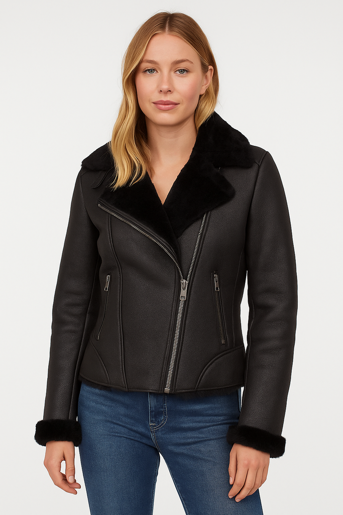 Luxury Black Shearling Leather Jacket