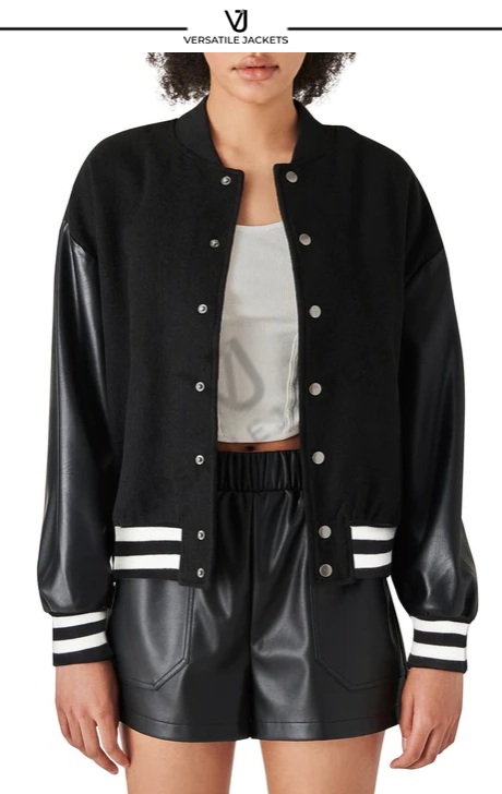 Faux Leather Sleeve Varsity Jacket - Versatile Jackets