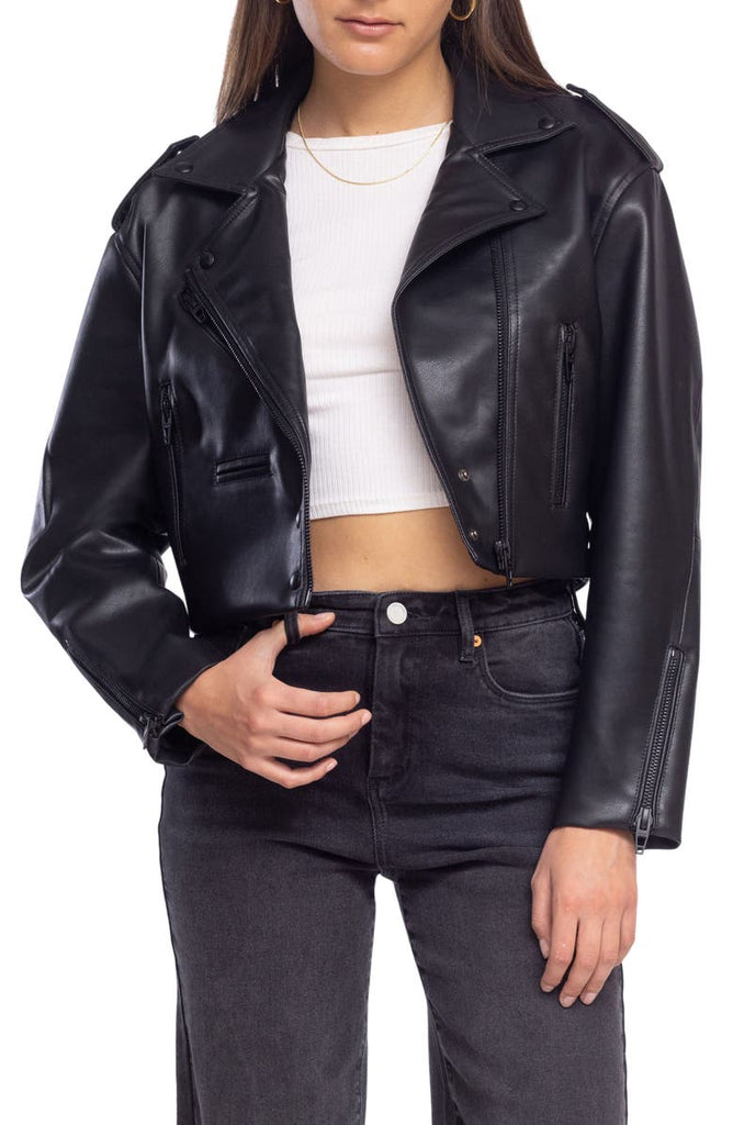 Faux Leather Crop Moto Jacket - Versatile Jackets