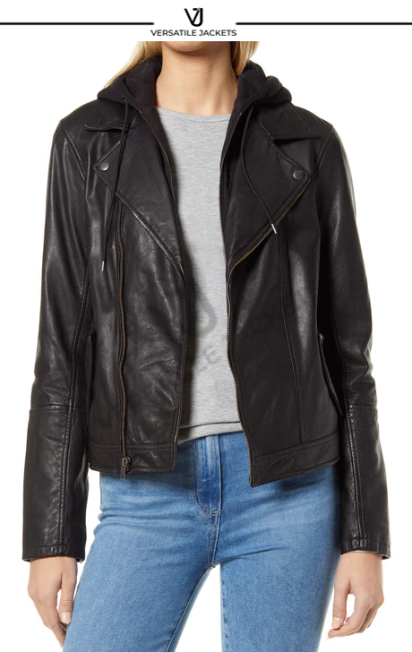 Leather Moto Jacket with Removable Hood