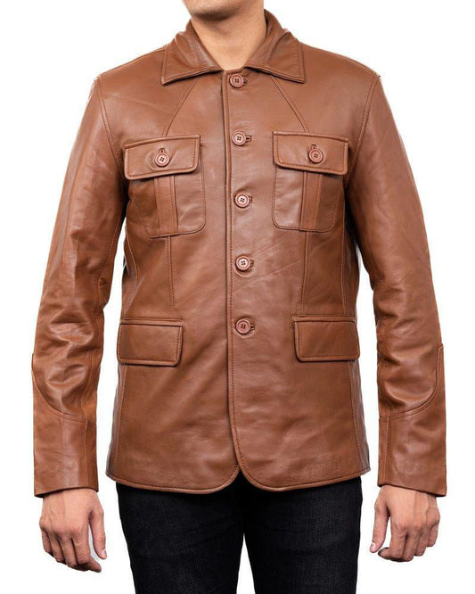 Classic 5-Button Cognac Lambskin Leather Blazer for Men