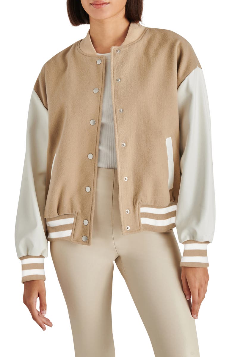 Faux Leather Sleeve Varsity Jacket - Versatile Jackets