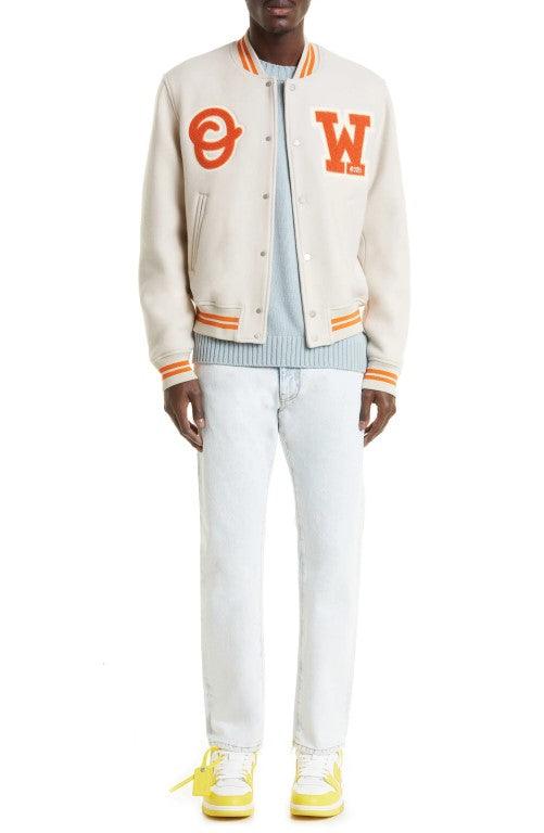 OW Patch Varsity Bomber Jacket - Beige/ Orange - Versatile Jackets