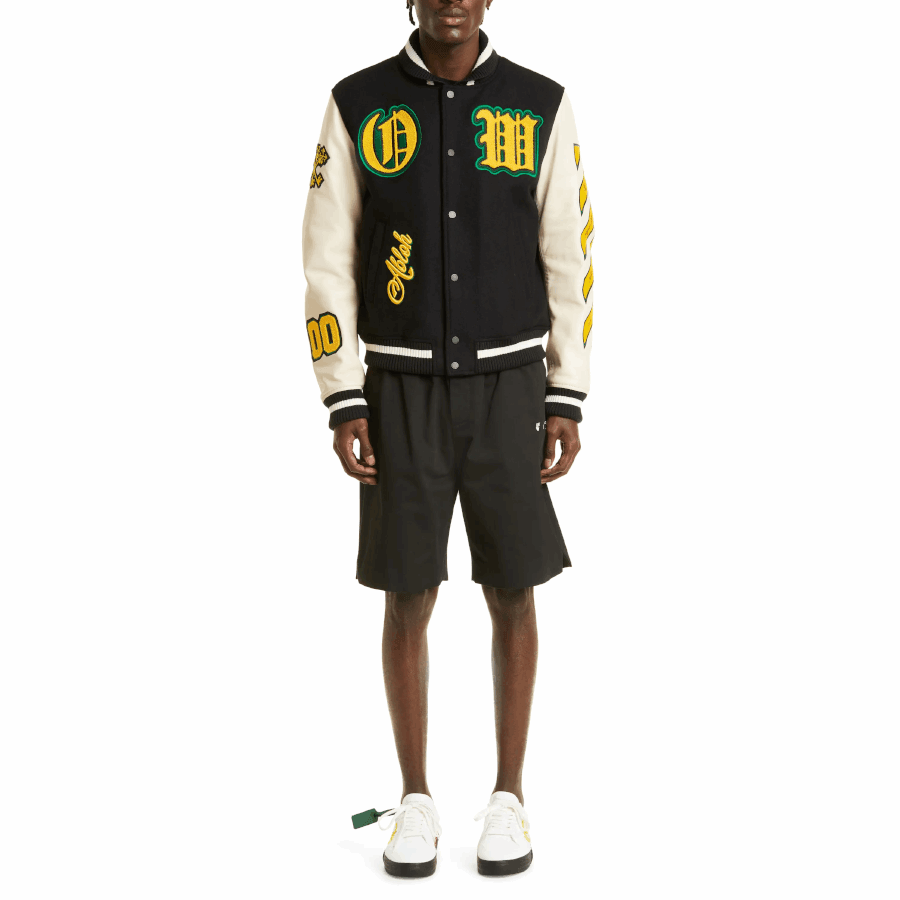 Stretch Wool Blend & Leather Varsity Jacket - Black / Yellow - Versatile Jackets