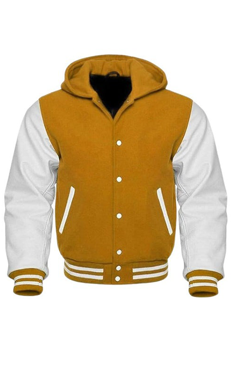 ORANGE AND WHITE VARSITY JACKET WITH HOOD - Versatile Jackets