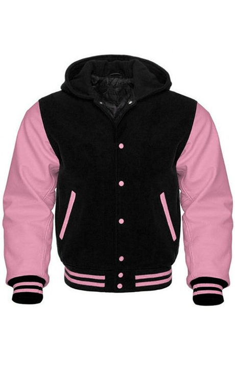 BLACK AND PINK HOODED VARSITY JACKET - Versatile Jackets